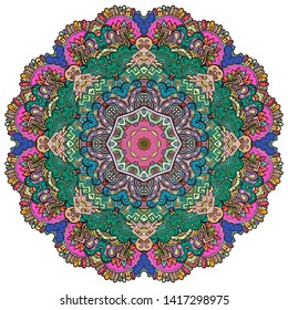 Mandala, tracery wheel mehndi design. Ethnic ornament, colorful doodle symmetry texture. Folk traditional spiritual tribal design.  Curved shape, isolated on white. Color art. Vector