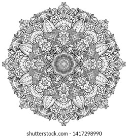 Mandala, tracery wheel mehndi design. Ethnic ornament, doodle symmetry texture. Folk traditional spiritual tribal design. Curved shape, isolated on white. Binary monochrome black and white art. Vector