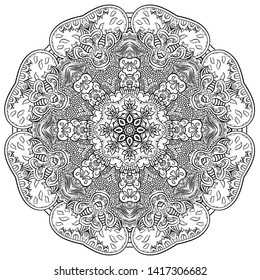 Mandala, tracery wheel mehndi design. Ethnic ornament, doodle symmetry texture. Folk traditional spiritual tribal design. Curved shape, isolated on white. Binary monochrome black and white art. Vector