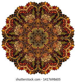Mandala, tracery wheel mehndi design. Ethnic ornament, colorful doodle symmetry texture. Folk traditional spiritual tribal design.  Curved shape, isolated on white. Color art. Vector