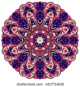 Mandala, tracery wheel mehndi design. Ethnic ornament, colorful doodle symmetry texture. Folk traditional spiritual tribal design.  Curved shape, isolated on white. Color art. Vector