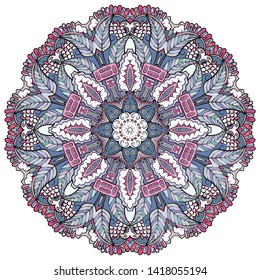 Mandala, tracery wheel mehndi design. Ethnic ornament, colorful doodle symmetry texture. Folk traditional spiritual tribal design.  Curved shape, isolated on white. Color art. Vector