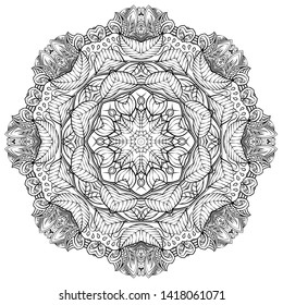 Mandala, tracery wheel mehndi design. Ethnic ornament, doodle symmetry texture. Folk traditional spiritual tribal design. Curved shape, isolated on white. Binary monochrome black and white art. Vector