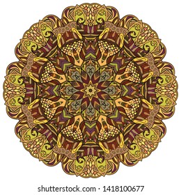 Mandala, tracery wheel mehndi design. Ethnic ornament, colorful doodle symmetry texture. Folk traditional spiritual tribal design. Curved shape, isolated on white. Color art. Vector