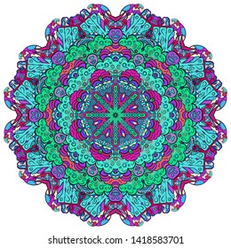 Mandala, tracery wheel mehndi design. Ethnic ornament, colorful doodle symmetry texture. Folk traditional spiritual tribal design. Curved shape, isolated on white. Color art. Vector