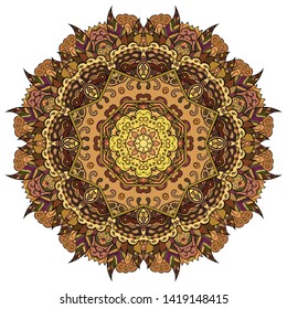 Mandala, tracery wheel mehndi design. Ethnic ornament, colorful doodle symmetry texture. Folk traditional spiritual tribal design.  Curved shape, isolated on white. Color art. Vector