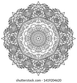Mandala, tracery wheel mehndi design. Ethnic ornament, doodle symmetry texture. Folk traditional spiritual tribal design. Curved shape, isolated on white. Binary monochrome black and white art. Vector