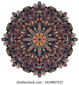 Mandala, tracery wheel mehndi design. Ethnic ornament, colorful doodle symmetry texture. Folk traditional spiritual tribal design.  Curved shape, isolated on white. Color art. Vector