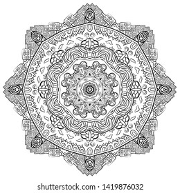 Mandala, tracery wheel mehndi design. Ethnic ornament, doodle symmetry texture. Folk traditional spiritual tribal design. Curved shape, isolated on white. Binary monochrome black and white art. Vector