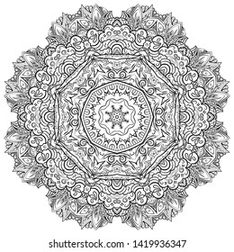 Mandala, tracery wheel mehndi design. Ethnic ornament, doodle symmetry texture. Folk traditional spiritual tribal design. Curved shape, isolated on white. Binary monochrome black and white art. Vector