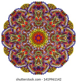 Mandala, tracery wheel mehndi design. Ethnic ornament, colorful doodle symmetry texture. Folk traditional spiritual tribal design.  Curved shape, isolated on white. Color art. Vector