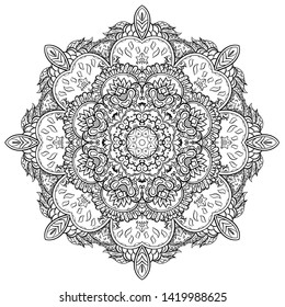 Mandala, tracery wheel mehndi design. Ethnic ornament, doodle symmetry texture. Folk traditional spiritual tribal design. Curved shape, isolated on white. Binary monochrome black and white art. Vector