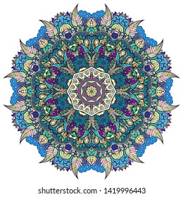 Mandala, tracery wheel mehndi design. Ethnic ornament, colorful doodle symmetry texture. Folk traditional spiritual tribal design.  Curved shape, isolated on white. Color art. Vector