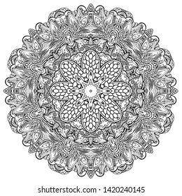 Mandala, tracery wheel mehndi design. Ethnic ornament, doodle symmetry texture. Folk traditional spiritual tribal design. Curved shape, isolated on white. Binary monochrome black and white art. Vector
