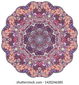 Mandala, tracery wheel mehndi design. Ethnic ornament, colorful doodle symmetry texture. Folk traditional spiritual tribal design. Curved shape, isolated on white. Color art. Vector