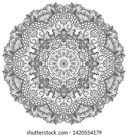 Mandala, tracery wheel mehndi design. Ethnic ornament, doodle symmetry texture. Folk traditional spiritual tribal design. Curved shape, isolated on white. Binary monochrome black and white art. Vector