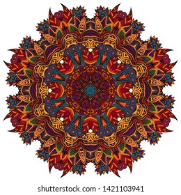 Mandala, tracery wheel mehndi design. Ethnic ornament, colorful doodle symmetry texture. Folk traditional spiritual tribal design. Curved shape, isolated on white. Color art. Vector