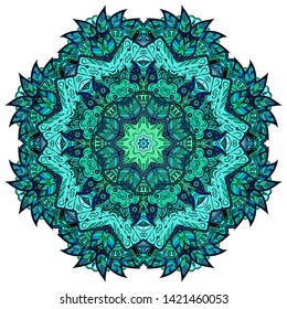 Mandala, tracery wheel mehndi design. Ethnic ornament, colorful doodle symmetry texture. Folk traditional spiritual tribal design. Curved shape, isolated on white. Color art. Vector