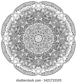 Mandala, tracery wheel mehndi design. Ethnic ornament, doodle symmetry texture. Folk traditional spiritual tribal design. Curved shape, isolated on white. Binary monochrome black and white art. Vector