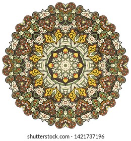 Mandala, tracery wheel mehndi design. Ethnic ornament, colorful doodle symmetry texture. Folk traditional spiritual tribal design. Curved shape, isolated on white. Color art. Vector