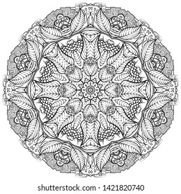 Mandala, tracery wheel mehndi design. Ethnic ornament, doodle symmetry texture. Folk traditional spiritual tribal design. Curved shape, isolated on white. Binary monochrome black and white art. Vector