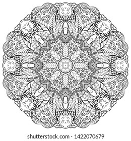 Mandala, tracery wheel mehndi design. Ethnic ornament, doodle symmetry texture. Folk traditional spiritual tribal design. Curved shape, isolated on white. Binary monochrome black and white art. Vector