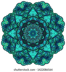Mandala, tracery wheel mehndi design. Ethnic ornament, colorful doodle symmetry texture. Folk traditional spiritual tribal design. Curved shape, isolated on white. Color art. Vector