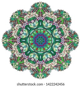 Mandala, tracery wheel mehndi design. Ethnic ornament, colorful doodle symmetry texture. Folk traditional spiritual tribal design. Curved shape, isolated on white. Color art. Vector