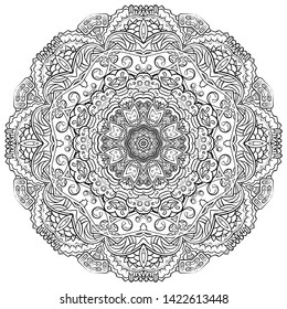 Mandala, tracery wheel mehndi design. Ethnic ornament, doodle symmetry texture. Folk traditional spiritual tribal design. Curved shape, isolated on white. Binary monochrome black and white art. Vector