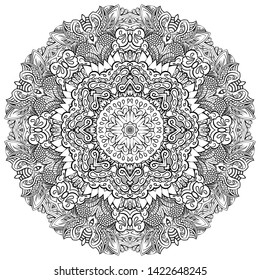 Mandala, tracery wheel mehndi design. Ethnic ornament, doodle symmetry texture. Folk traditional spiritual tribal design. Curved shape, isolated on white. Binary monochrome black and white art. Vector