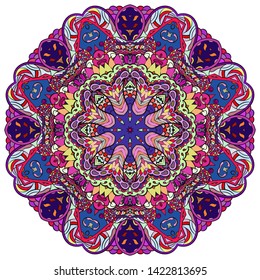 Mandala, tracery wheel mehndi design. Ethnic ornament, colorful doodle symmetry texture. Folk traditional spiritual tribal design. Curved shape, isolated on white. Color art. Vector