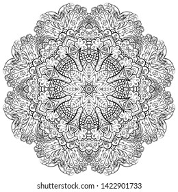 Mandala, tracery wheel mehndi design. Ethnic ornament, doodle symmetry texture. Folk traditional spiritual tribal design. Curved shape, isolated on white. Binary monochrome black and white art. Vector