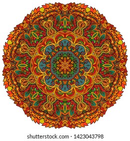 Mandala, tracery wheel mehndi design. Ethnic ornament, colorful doodle symmetry texture. Folk traditional spiritual tribal design. Curved shape, isolated on white. Color art. Vector