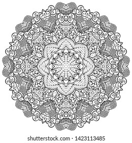 Mandala, tracery wheel mehndi design. Ethnic ornament, doodle symmetry texture. Folk traditional spiritual tribal design. Curved shape, isolated on white. Binary monochrome black and white art. Vector