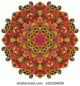 Mandala, tracery wheel mehndi design. Ethnic ornament, colorful doodle symmetry texture. Folk traditional spiritual tribal design. Curved shape, isolated on white. Color art. Vector