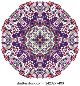 Mandala, tracery wheel mehndi design. Ethnic ornament, colorful doodle symmetry texture. Folk traditional spiritual tribal design. Curved shape, isolated on white. Color art. Vector