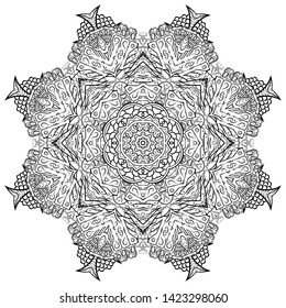 Mandala, tracery wheel mehndi design. Ethnic ornament, doodle symmetry texture. Folk traditional spiritual tribal design. Curved shape, isolated on white. Binary monochrome black and white art. Vector