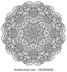 Mandala, tracery wheel mehndi design. Ethnic ornament, doodle symmetry texture. Folk traditional spiritual tribal design. Curved shape, isolated on white. Binary monochrome black and white art. Vector