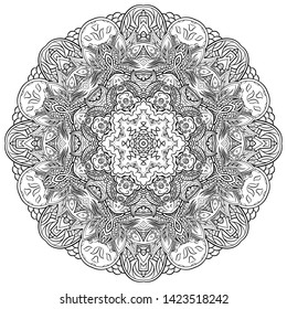 Mandala, tracery wheel mehndi design. Ethnic ornament, doodle symmetry texture. Folk traditional spiritual tribal design. Curved shape, isolated on white. Binary monochrome black and white art. Vector
