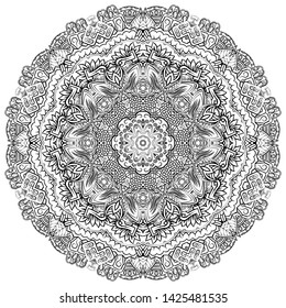 Mandala, tracery wheel mehndi design. Ethnic ornament, doodle symmetry texture. Folk traditional spiritual tribal design. Curved shape, isolated on white. Binary monochrome black and white art. Vector