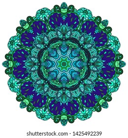 Mandala, tracery wheel mehndi design. Ethnic ornament, colorful doodle symmetry texture. Folk traditional spiritual tribal design. Curved shape, isolated on white. Color art. Vector