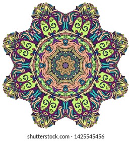 Mandala, tracery wheel mehndi design. Ethnic ornament, colorful doodle symmetry texture. Folk traditional spiritual tribal design. Curved shape, isolated on white. Color art. Vector