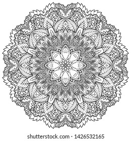 Mandala, tracery wheel mehndi design. Ethnic ornament, doodle symmetry texture. Folk traditional spiritual tribal design. Curved shape, isolated on white. Binary monochrome black and white art. Vector