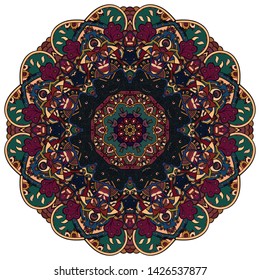 Mandala, tracery wheel mehndi design. Ethnic ornament, colorful doodle symmetry texture. Folk traditional spiritual tribal design. Curved shape, isolated on white. Color art. Vector