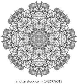 Mandala, tracery wheel mehndi design. Ethnic ornament, doodle symmetry texture. Folk traditional spiritual tribal design. Curved shape, isolated on white. Binary monochrome black and white art. Vector
