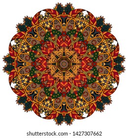 Mandala, tracery wheel mehndi design. Ethnic ornament, colorful doodle symmetry texture. Folk traditional spiritual tribal design. Curved shape, isolated on white. Color art. Vector