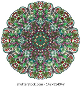 Mandala, tracery wheel mehndi design. Ethnic ornament, colorful doodle symmetry texture. Folk traditional spiritual tribal design. Curved shape, isolated on white. Color art. Vector