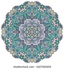 Mandala, tracery wheel mehndi design. Ethnic ornament, colorful doodle symmetry texture. Folk traditional spiritual tribal design. Curved shape, isolated on white. Color art. Vector