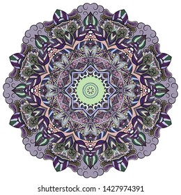 Mandala, tracery wheel mehndi design. Ethnic ornament, colorful doodle symmetry texture. Folk traditional spiritual tribal design. Curved shape, isolated on white. Color art. Vector