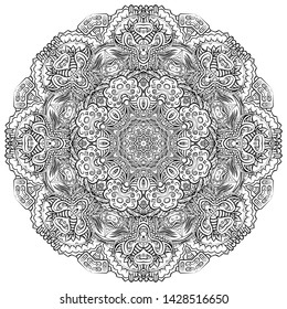 Mandala, tracery wheel mehndi design. Ethnic ornament, doodle symmetry texture. Folk traditional spiritual tribal design. Curved shape, isolated on white. Binary monochrome black and white art. Vector